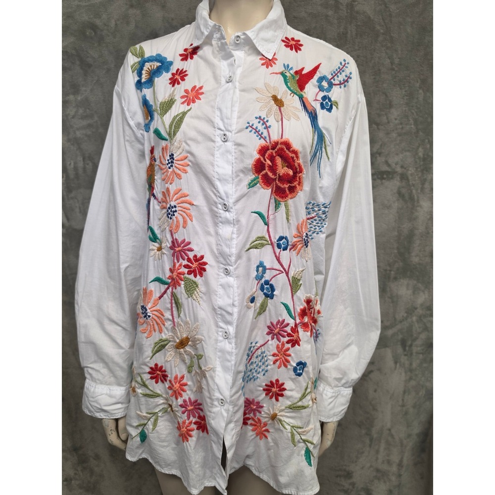 Johnny Was Workshop White Floral Hummingbird Embroidered Cotton Shirt M